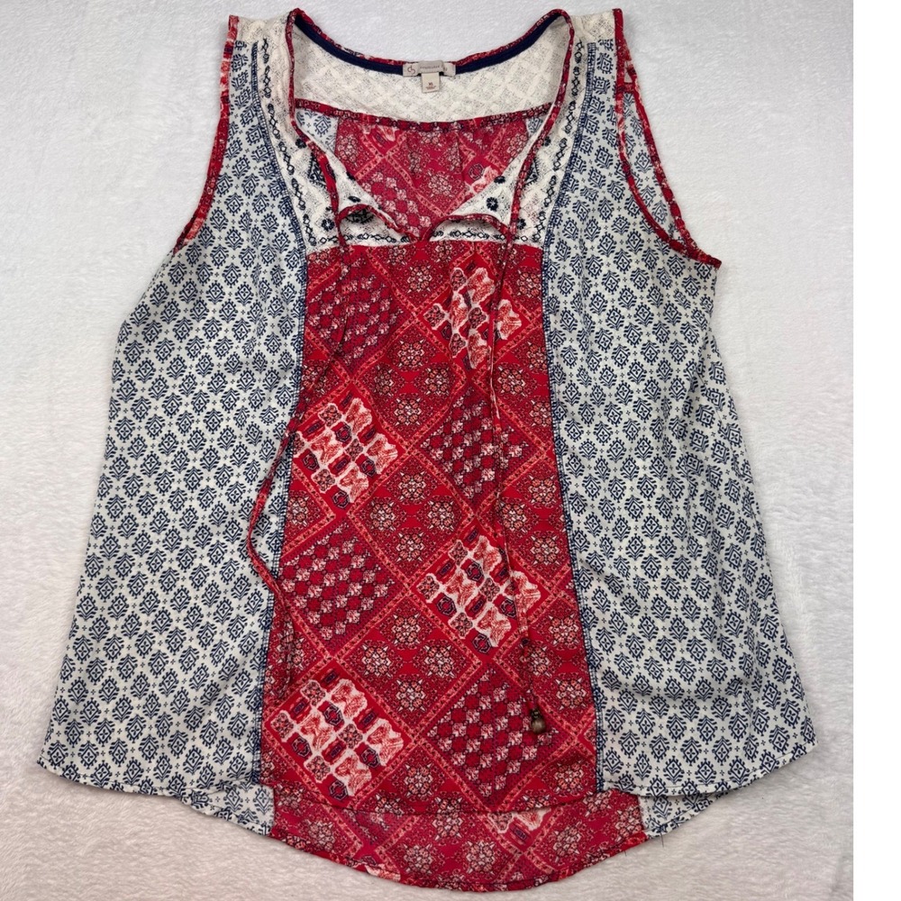 Christopher & Banks Womens XL Tank Top Red Blue Patchwork Lace Tie Front‎ Tassel